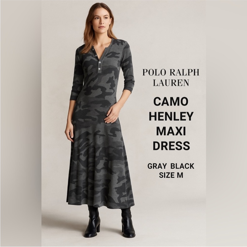 Polo by Ralph Lauren Waffle Knit Gray Long Sleeve V-Neck Maxi Dress Camo Henley
